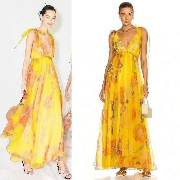 STAUD Dandelion Printed Organza Maxi Dress in Goldie Size 10 - Picture 12 of 16